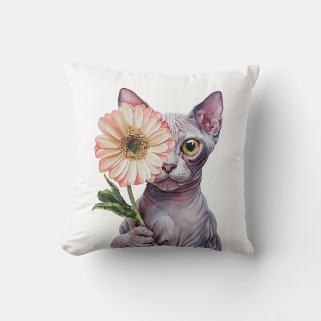 Cute Cat with Big Flower| Adorable Sphynx Cat Throw Pillow (Front)