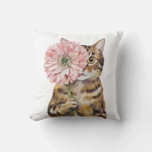 Cute Cat with Big Flower Adorable Toyger Cat Throw Pillow