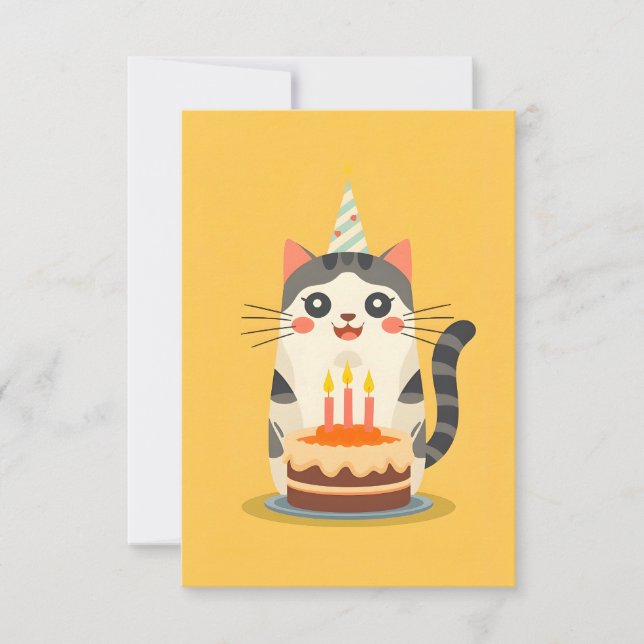 Cute cat with birthday cake card (Front)
