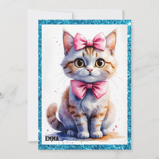 Cute cat with bow happy birthday invitation (Front)