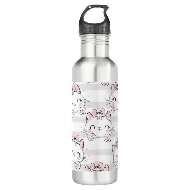 Cute Cat With Bow Stainless Steel Water Bottle (Front)