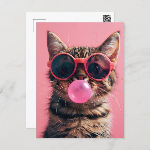 Cute cat with bubble gum pink Postcrossing Postcard