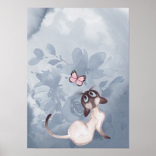 Cute Cat with Butterfly in Flower Garden Poster