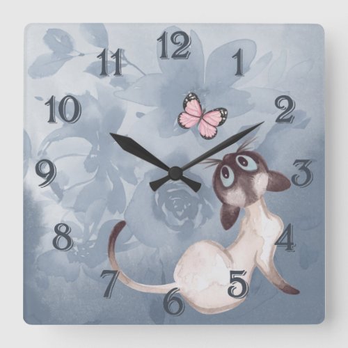 Cute Cat with Butterfly in Flower Garden Square Wall Clock