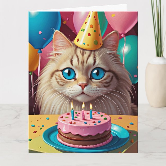 CUTE CAT WITH CAKE BIRTHDAY GREETING CARD (Front)
