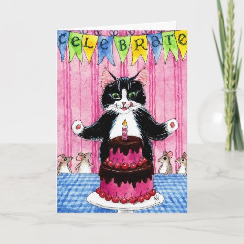 Cute cat with cake birthday greeting card