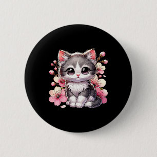 Cute Cat With Cherry Blossoms Cat Button