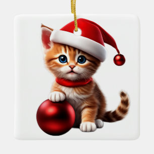 Cute Cat with Christmas Hat and red Christmas Ball Ceramic Ornament