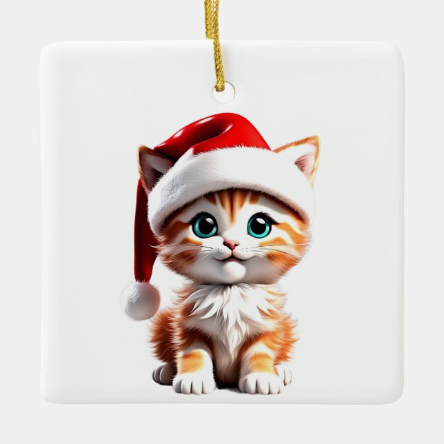 Cute Cat with Christmas Hat Ornament (Front)