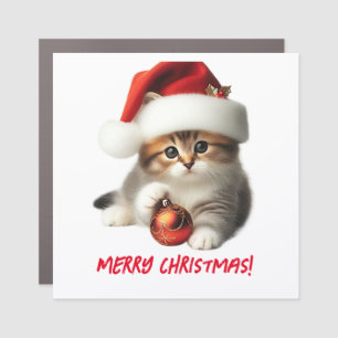 Cute Cat with Christmas Hat with red ornament Car Magnet