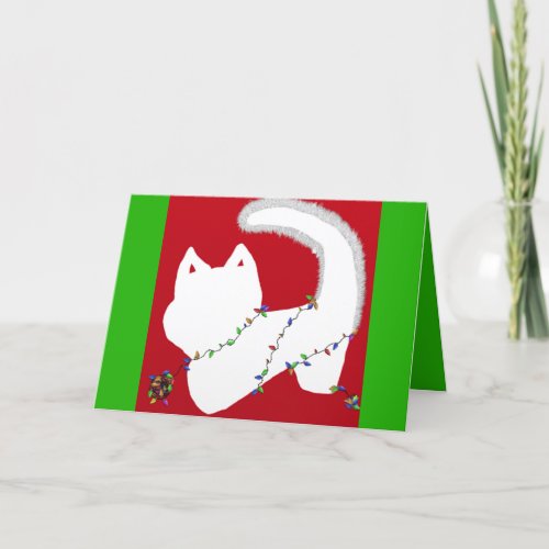 Cute cat with Christmas lights card