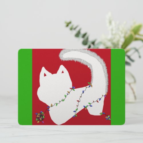 Cute cat with Christmas lights flat Holiday Card