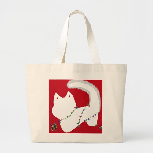 Cute cat with Christmas lights Large Tote Bag