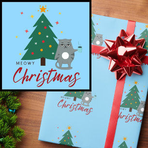 Cute Cat with Coffee and Tree Meowy Christmas Wrapping Paper