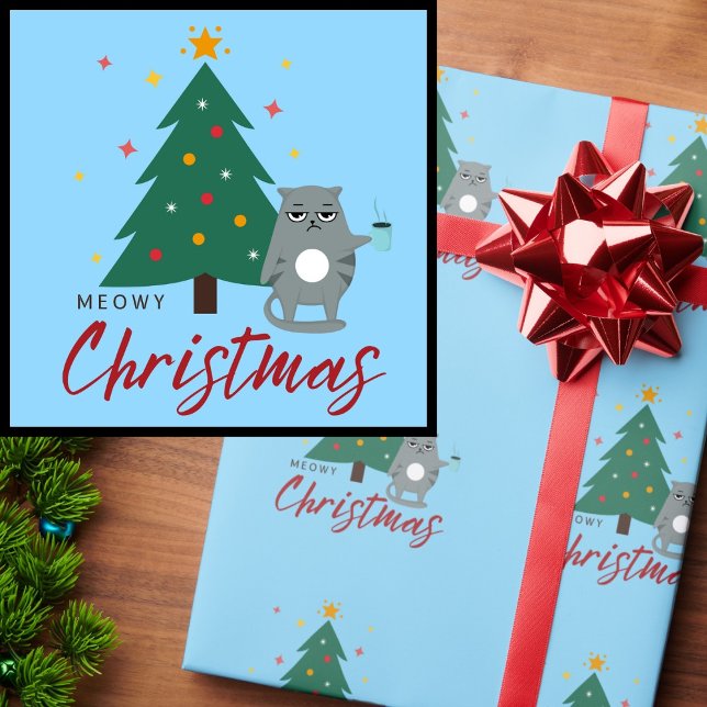 Cute Cat with Coffee and Tree Meowy Christmas Wrapping Paper (Creator Uploaded)