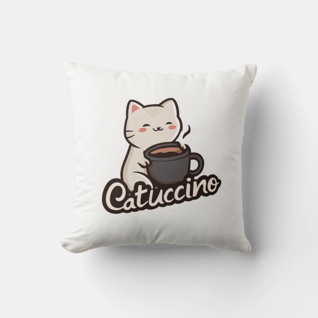 Cute Cat with Coffee – Catuccino Throw Pillow (Front)