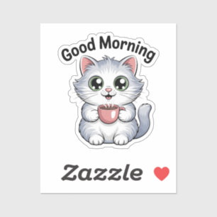 Cute Cat with Coffee “Good Morning” Sticker