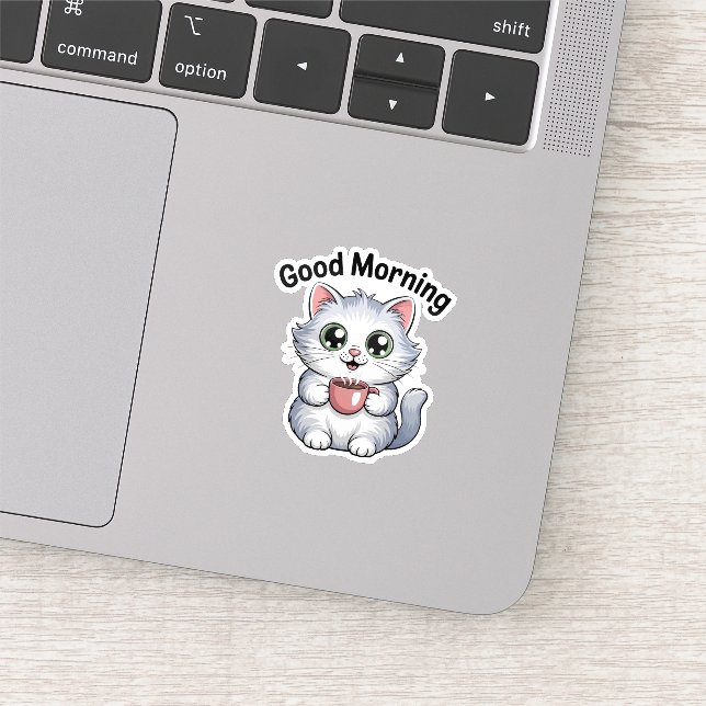 Cute Cat with Coffee “Good Morning” Sticker (Detail)