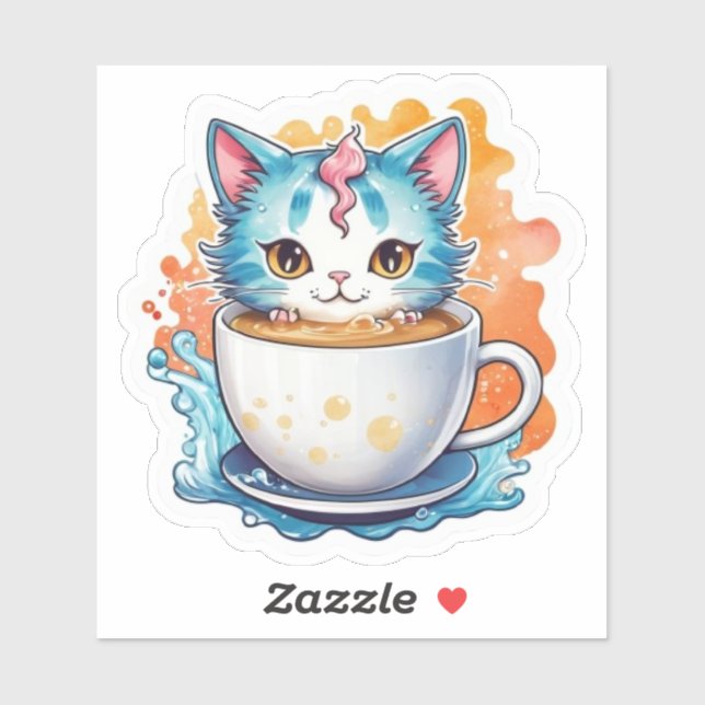 Cute Cat With Coffee Mug Cartoon Design-94678 Sticker (Sheet)