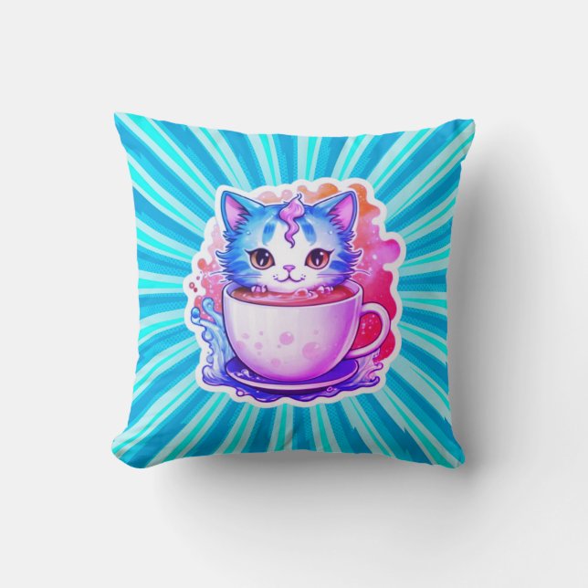 Cute Cat With Coffee Mug Cartoon Design-94678 Throw Pillow (Front)