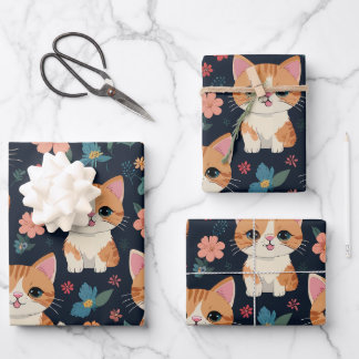 Cute cat with Colorful flowers Pattern Wrapping Paper Sheets