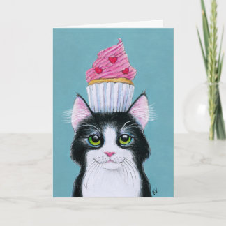 Cute cat with cupcake birthday greeting card
