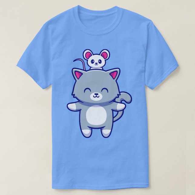 Cute Cat With Cute Mouse T-Shirt (Design Front)
