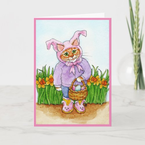 Cute Cat with daffodils in bunny suit Easter card