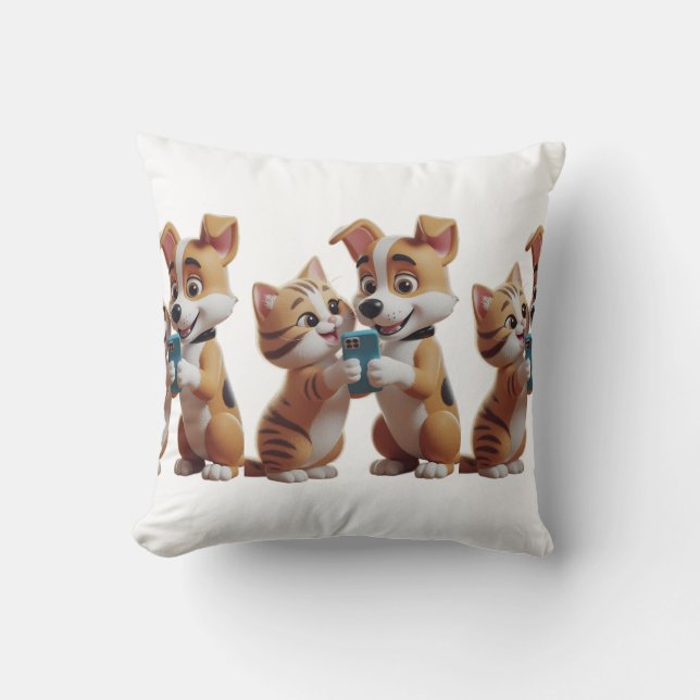 Cute cat with dog throw pillow (Front)