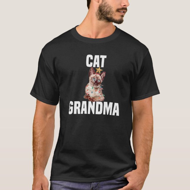 Cute cat with fairy lights cat grandma  T-Shirt (Front)