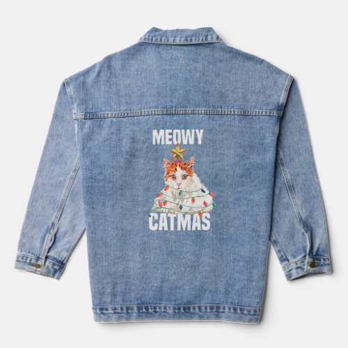 Cute cat with fairy lights Meowy Catmas Premium  Denim Jacket