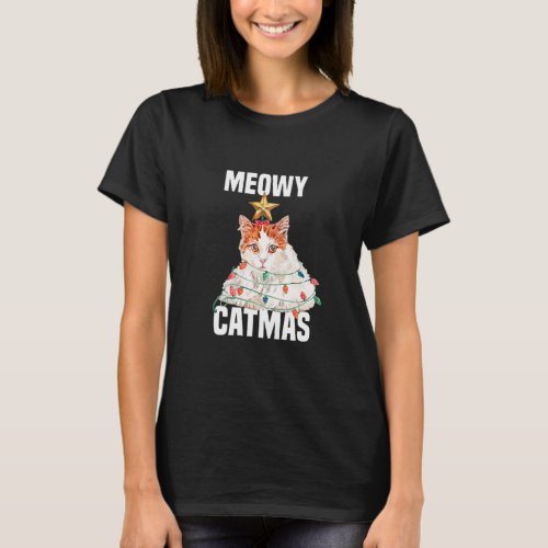 Cute cat with fairy lights Meowy Catmas Premium  T_Shirt