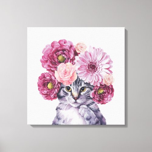 Cute Cat with Flower Crown Watercolor Illustration Canvas Print