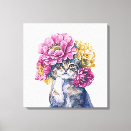 Cute Cat with Flower Crown Watercolor Illustration Canvas Print