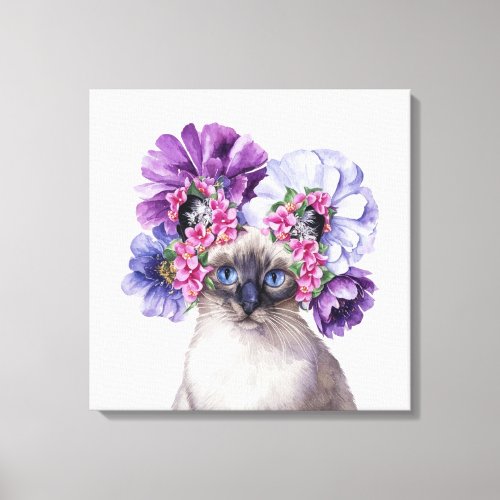 Cute Cat with Flower Crown Watercolor Illustration Canvas Print