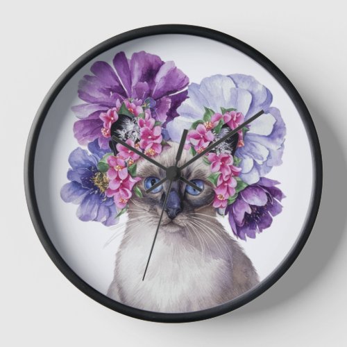 Cute Cat with Flower Crown Watercolor Illustration Clock