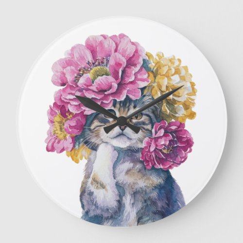 Cute Cat with Flower Crown Watercolor Illustration Large Clock