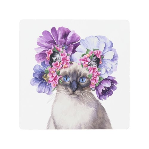Cute Cat with Flower Crown Watercolor Illustration Metal Print
