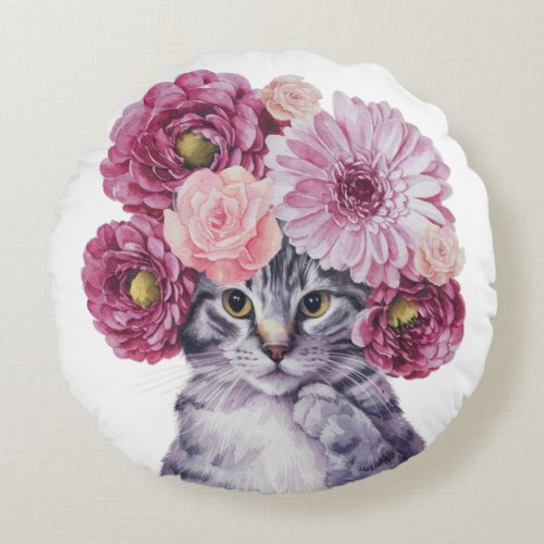 Cute Cat with Flower Crown Watercolor Illustration Round Pillow