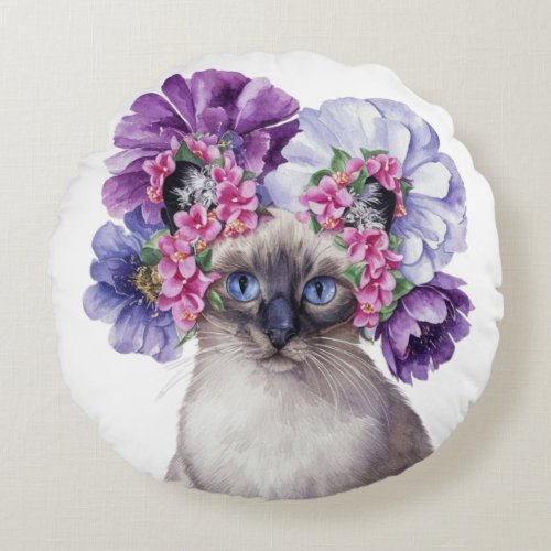 Cute Cat with Flower Crown Watercolor Illustration Round Pillow