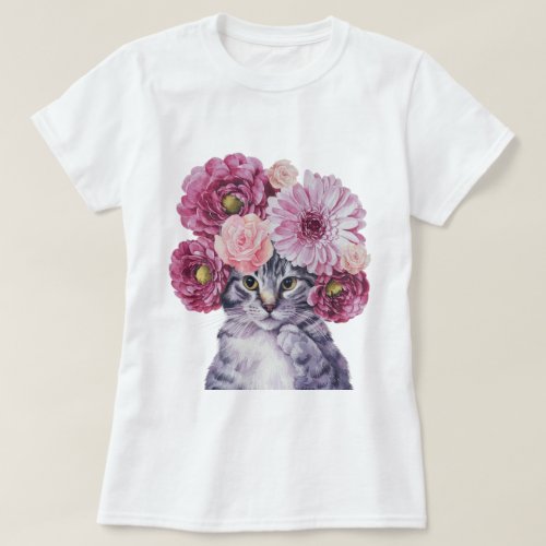 Cute Cat with Flower Crown Watercolor Illustration T_Shirt