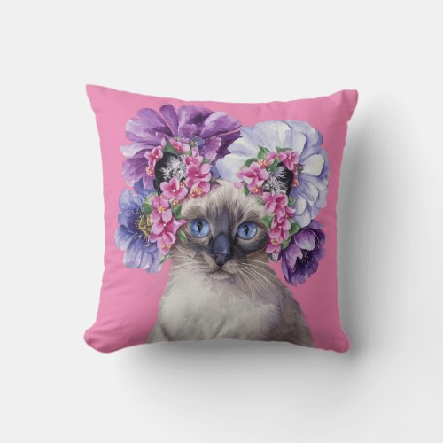 Cute Cat with Flower Crown Watercolor Illustration Throw Pillow