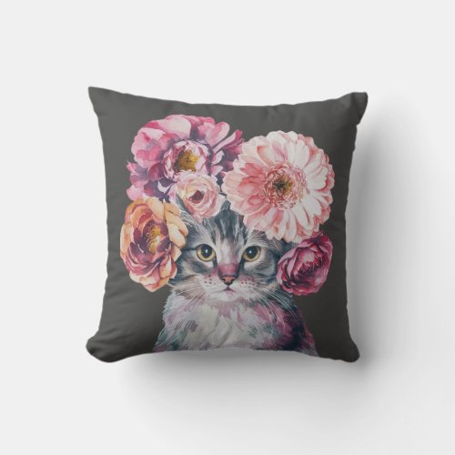 Cute Cat with Flower Crown Watercolor Illustration Throw Pillow