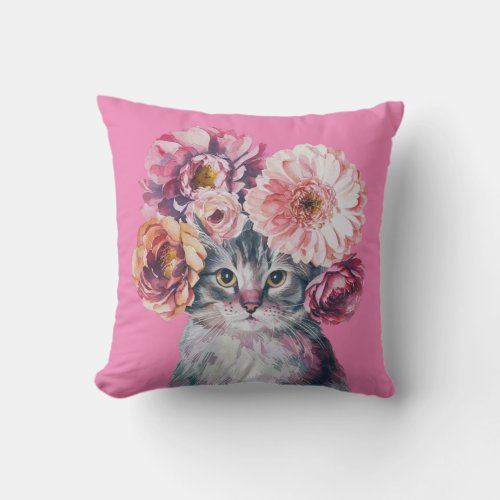 Cute Cat with Flower Crown Watercolor Illustration Throw Pillow