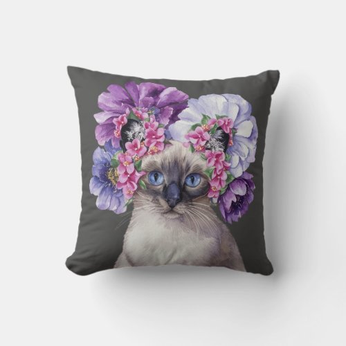 Cute Cat with Flower Crown Watercolor Illustration Throw Pillow