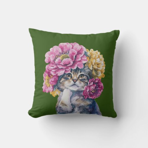 Cute Cat with Flower Crown Watercolor Illustration Throw Pillow