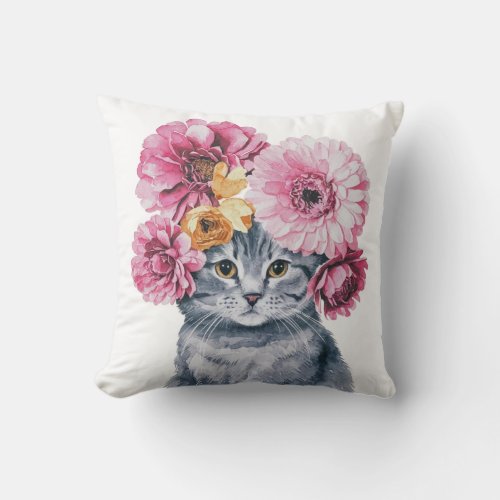 Cute Cat with Flower Crown Watercolor Illustration Throw Pillow