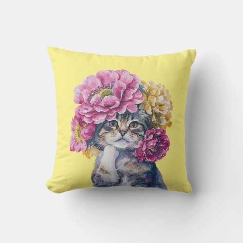 Cute Cat with Flower Crown Watercolor Illustration Throw Pillow