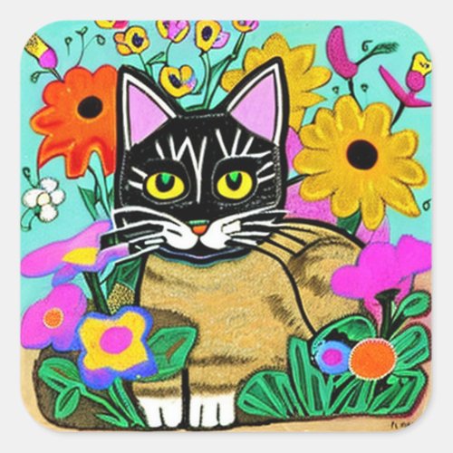  Cute Cat with Flower Folk Art Square Sticker