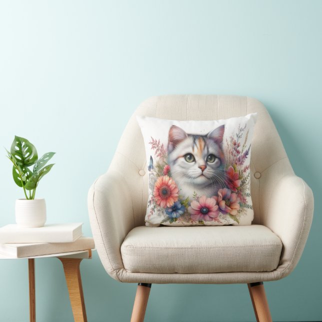 Cute Cat with Flowers Cat Lovers Throw Pillow (Chair)